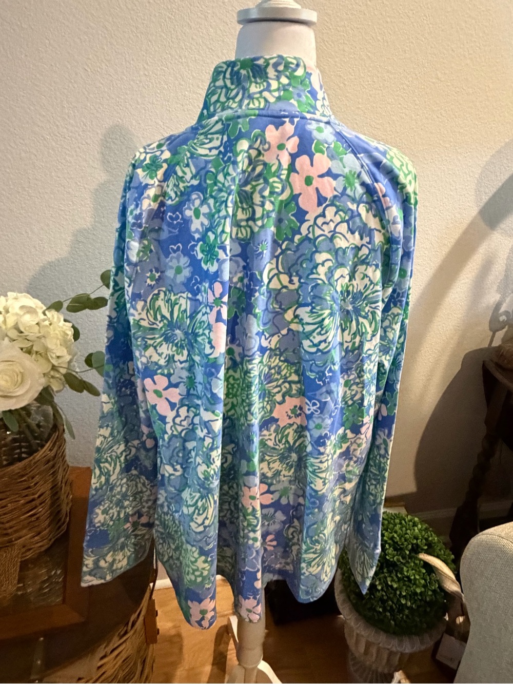 Lilly Pulitzer Blue Floral Zip Pullover with Pink and Green Accents - Picture 3 of 5